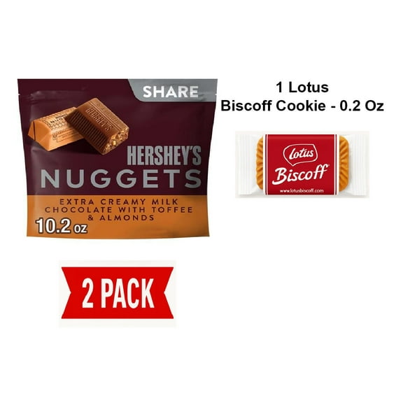 Hersheys Nuggets Milk Chocolate, Toffee And Almonds Candy Share Pack, 10.2 Oz - Pack Of 2 & Lotus Biscoff Cookie - 0.2 Oz - 1 ct
