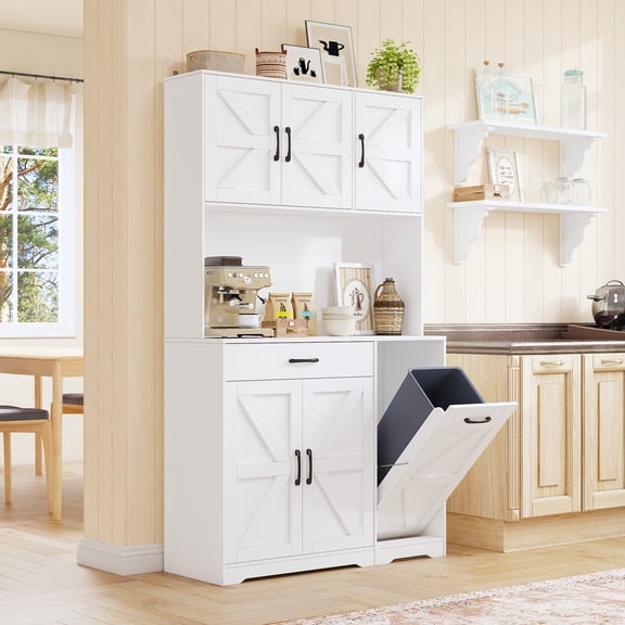 Hersunpl 71" Tall White Pantry Cabinet Built-in Garbage bin with Charging Station & Microwave Stand, Farmhouse Kitchen Storage Cabinet with Adjustable Shelves & Drawers