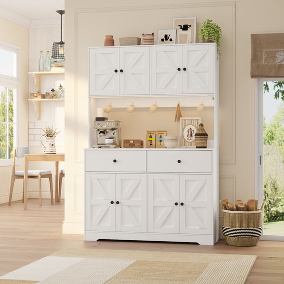 Hersunpl 71" Tall White Pantry Cabinet with Charging Station & Microwave Stand, Farmhouse Kitchen Storage Cabinet with Adjustable Shelves & Drawers