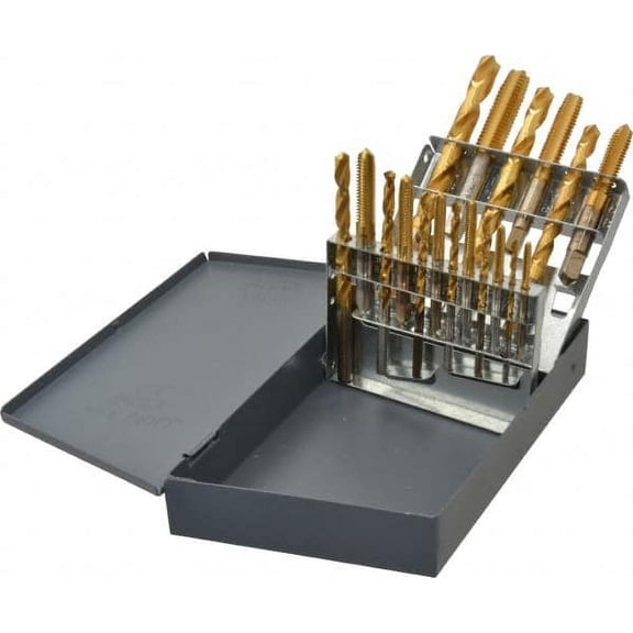 Hertel #36, #29, #25, #21, #7 Drill, F to U Drill, #6-32 to 1/2-13 Tap, Hand Tap and Drill Set TiN Finish HSS Drills, HSS Taps, Plug Chamfer, 18 Piece Set