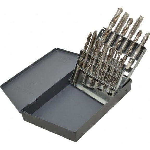Hertel #36, #29, #25, #21, #7 Drill, F to U Drill, #6-32 to 1/2-13 Tap, Spiral Point Tap and Drill Set Bright Finish HSS Drills, Bright Finish HSS Taps, Plug Chamfer, 18 Piece Set