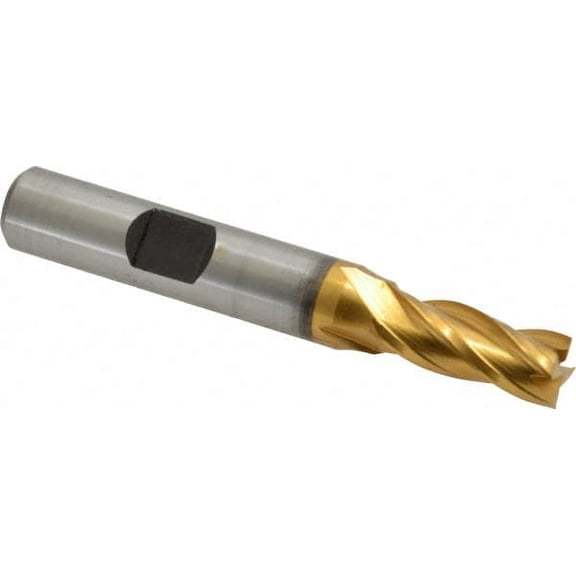 Hertel 5/16", 3/4" LOC, 3/8" Shank Diam, 2-1/2" OAL, 4 Flute, Cobalt Square End Mill Single End, TiN Finish, Spiral Flute, 30 Helix, Centercutting, Right Hand Cut, Right Hand Flute