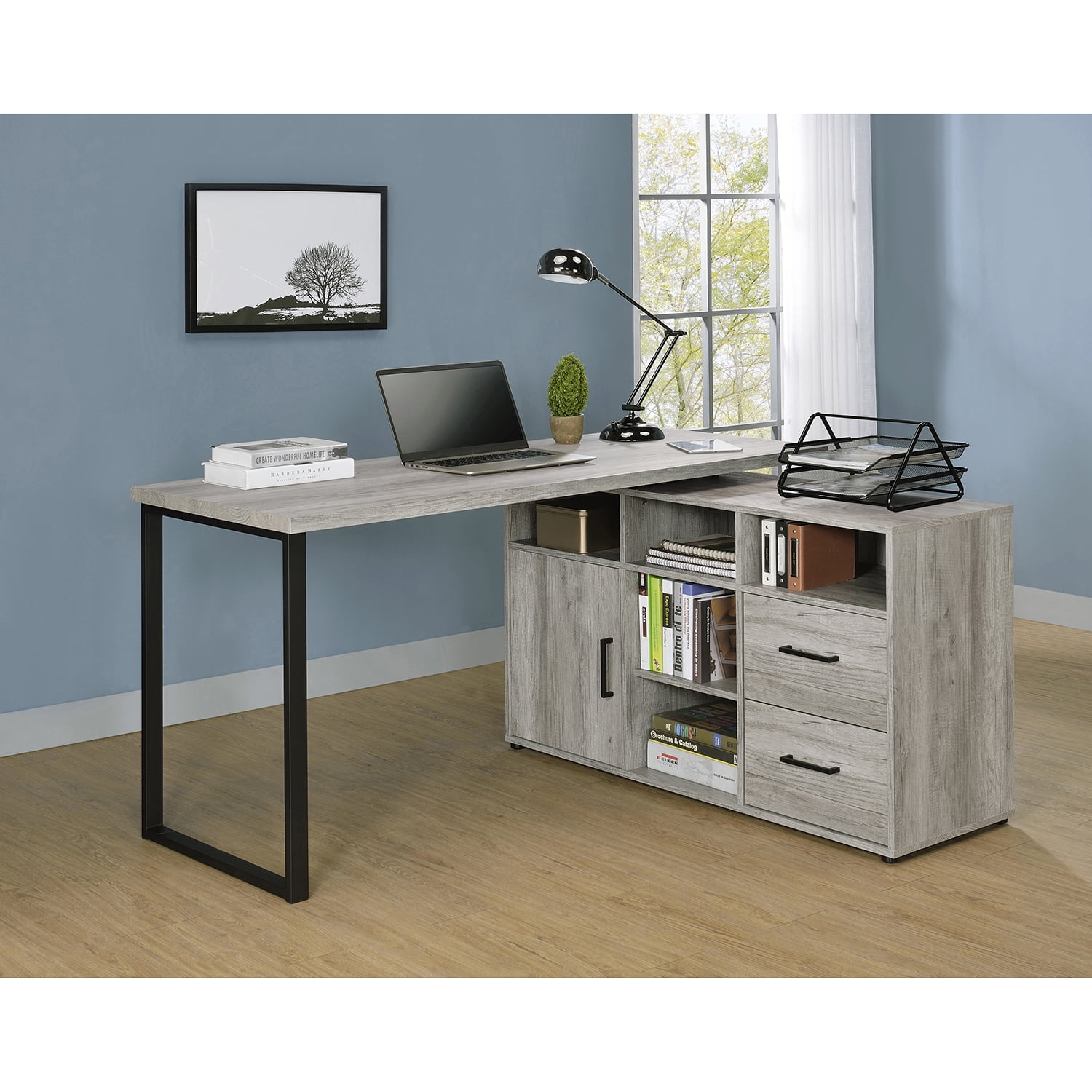 Grey Driftwood L-Shape Desk with Storage and Filing Cabinet