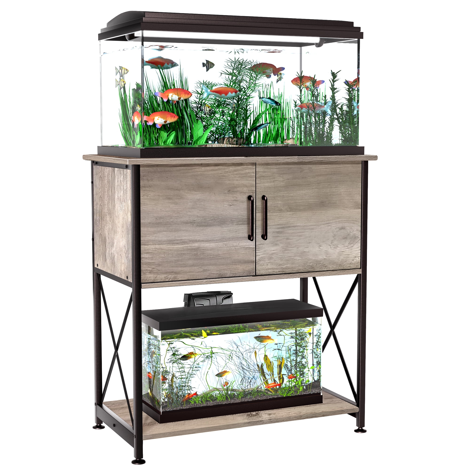 Gray Metal and MDF 29 Gallon Aquarium Stand with Storage Cabinet