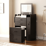 Herture 3 in 1 Vanity Desk with Flip Top Mirror, LED Lights, Side Cabinet,Collapsible Desk Panel, Hidden Stool with Storage, Small Makeup Vanity Table with Power Outlets, Compact Vanity,Black PT01DTB