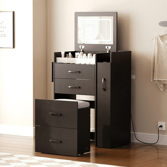 Herture 3 in 1 Vanity Desk with Flip Top Mirror, LED Lights, Side Cabinet,Collapsible Desk Panel, Hidden Stool with Storage, Small Makeup Vanity Table with Power Outlets, Compact Vanity,Black PT01DTB