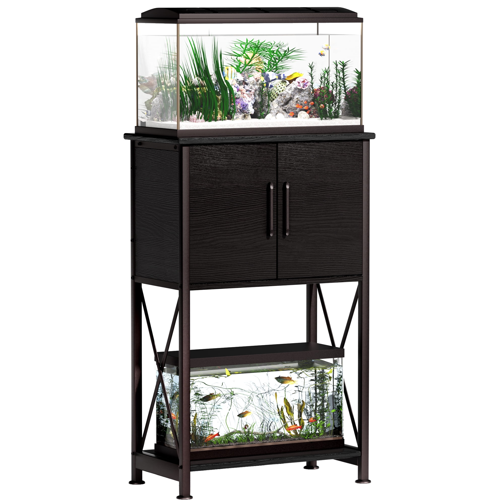 Black and Gray Metal Double Aquarium Stand with Cabinet