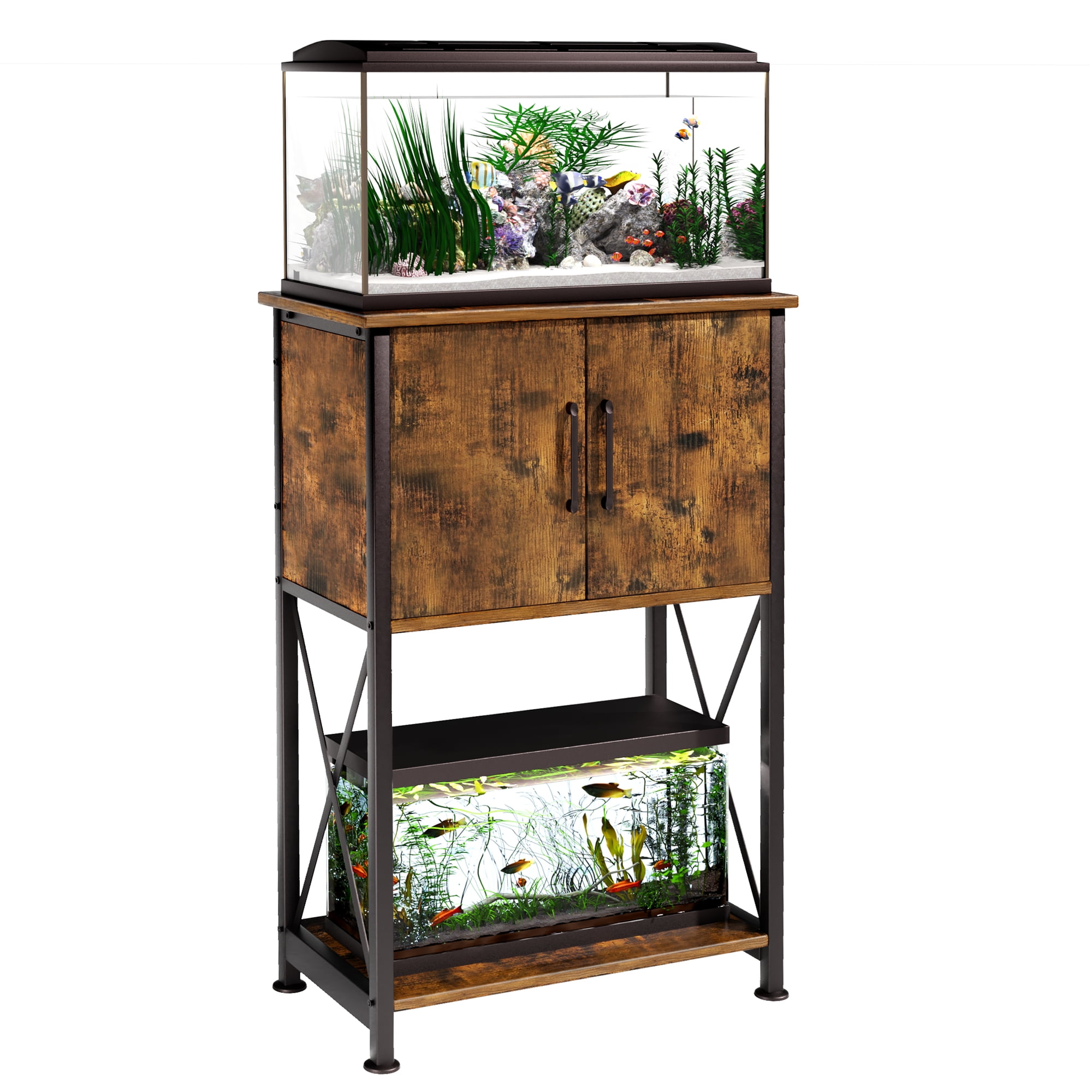 Rustic Brown Metal Fish Tank Stand with Storage Cabinet