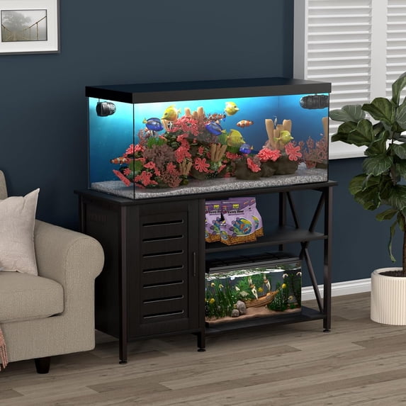 Herture 55-75 Gallon Fish Tank Stand,Aquarium Stand with Cabinet Accessories Storage,Heavy Duty Metal Frame,Aquarium Cabinet with Power Outlets 52" L*19.68" W Tabletop,1200LBS Capacity,Black PG05YGB
