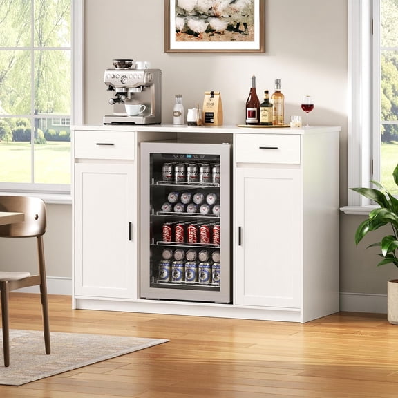 Herture Mini Fridge Cabinet,Coffee Bar Cabinet with Fridge Space & Wine Storage with Outlet,Fits 24" Fridge,Mini Fridge Stand,Buffet Sideboard Table Wine Cabinet for Kitchen Dining Room White KH04MRW