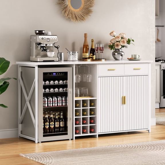 Herture Mini Fridge Cabinet with Storage,69.01" Coffee Bar Cabinet with Fridge Space,Wine Fridge Cabinet with Outlet,Wine Rack & Drawers,Multi-Functional Bar,Fridge Stand with Storage,White KH06MRW