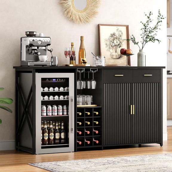 Herture Mini Fridge Cabinet with Storage,69.01" Coffee Bar Cabinet with Fridge Space,Wine Fridge Cabinet with Outlet,Wine Rack & Drawers,Multi-Functional Bar,Fridge Stand with Storage,Black KH06MRB