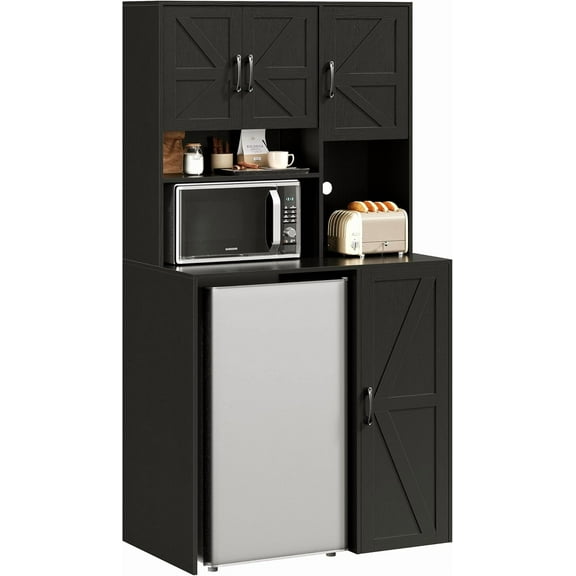 Herture Mini Fridge Cabinet with Storage, Coffee Bar Cabinet with Mini Fridge Space and Outlet, Wine Bar Stand with Microwave Shelf, Beverage Station for Kitchen, Dorm, Office Black KH02MRB