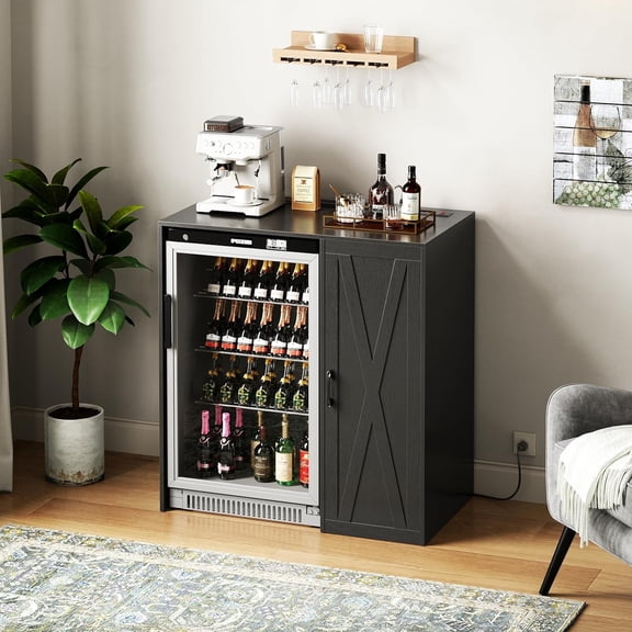 Herture Mini Fridge Cabinet with Storage, Coffee Bar Cabinet with Power Outlet, Fits 24" Wine Fridge, 3-Tier Organizer, Refrigerator Stand for Kitchen, Apartment, or Home Bar Black KH01MRB
