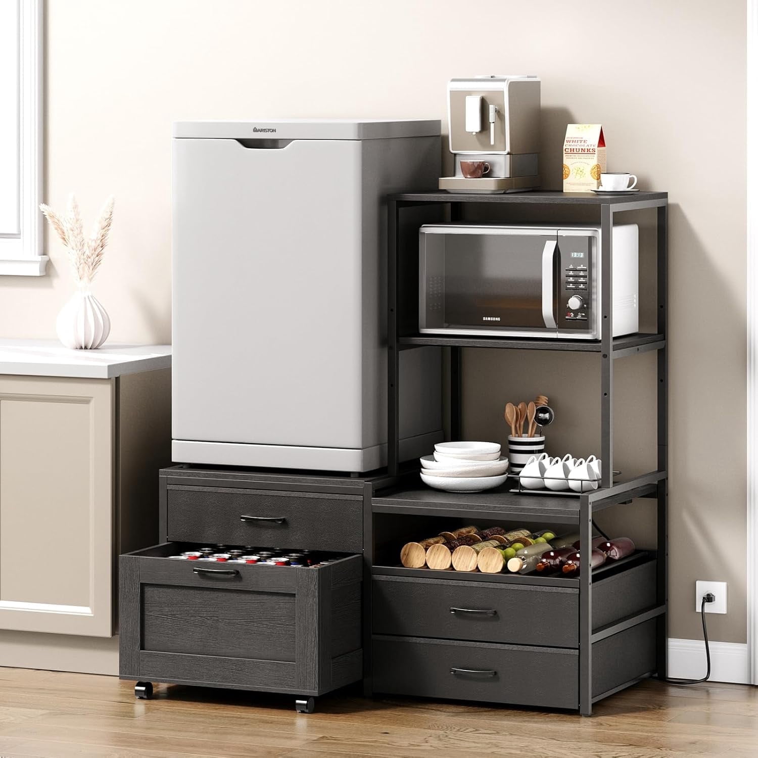 Herture Mini Fridge Stand with Wine Rack, Kitchen Bakers Rack with Power Outlet, Microwave Oven Stand, Coffee Bar, Movable Drawers, for Dorm,Office, Black HB04BXB