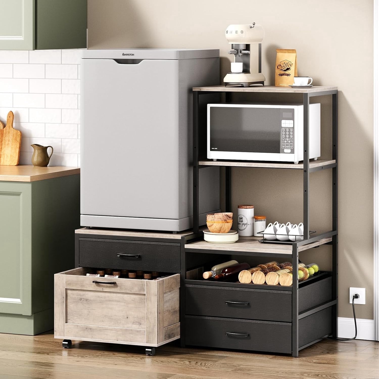 Herture Mini Fridge Stand with Wine Rack, Kitchen Bakers Rack with Power Outlet, Microwave Oven Stand, Coffee Bar, Movable Drawers, for Dorm,Office, Grey HB04BXZ