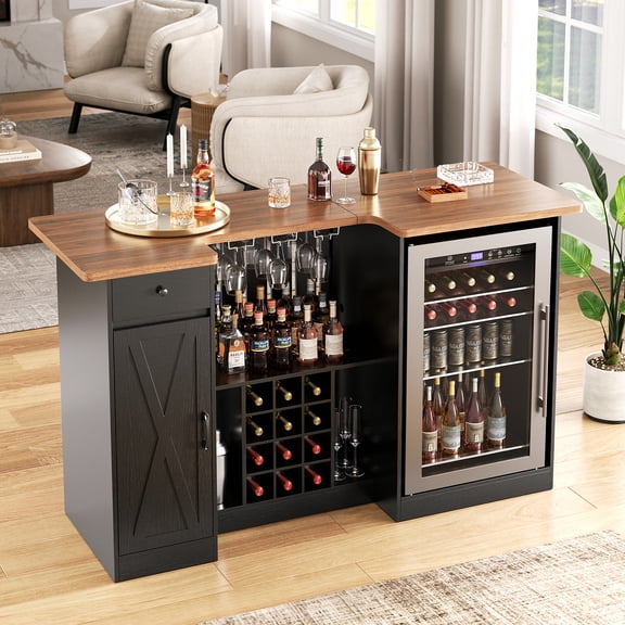 Herture U-Shape Liquor Cabinet with Fridge Space, Bar Table with Wine Rack Glass Holder, Wine Bar Cabinet with Storage, Home Bar Cabinet for Living Room Dining Room Home Pub Basement, Black BL01JTB