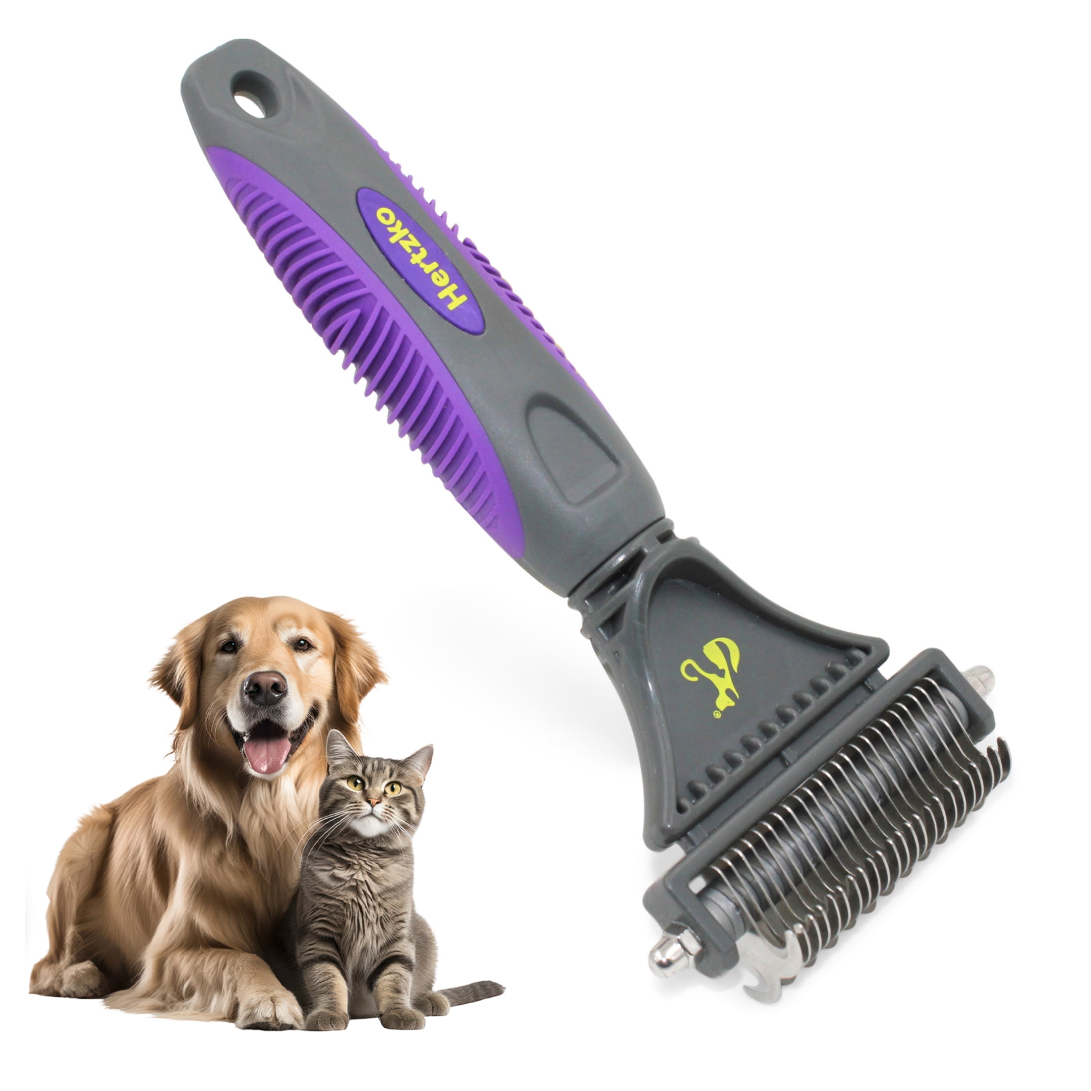 Hertzko Double-Sided Dog & Cat Dematting Comb: Pet Grooming Tool for Removing Loose Undercoat, Mats, and Tangled Hair - Doodle Dematting Comb, Self-Cleaning (Purple)