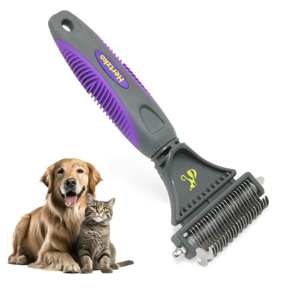 Hertzko Double-Sided Dog & Cat Dematting Comb: Pet Grooming Tool for Removing Loose Undercoat, Mats, and Tangled Hair - Doodle Dematting Comb, Self-Cleaning (Purple)