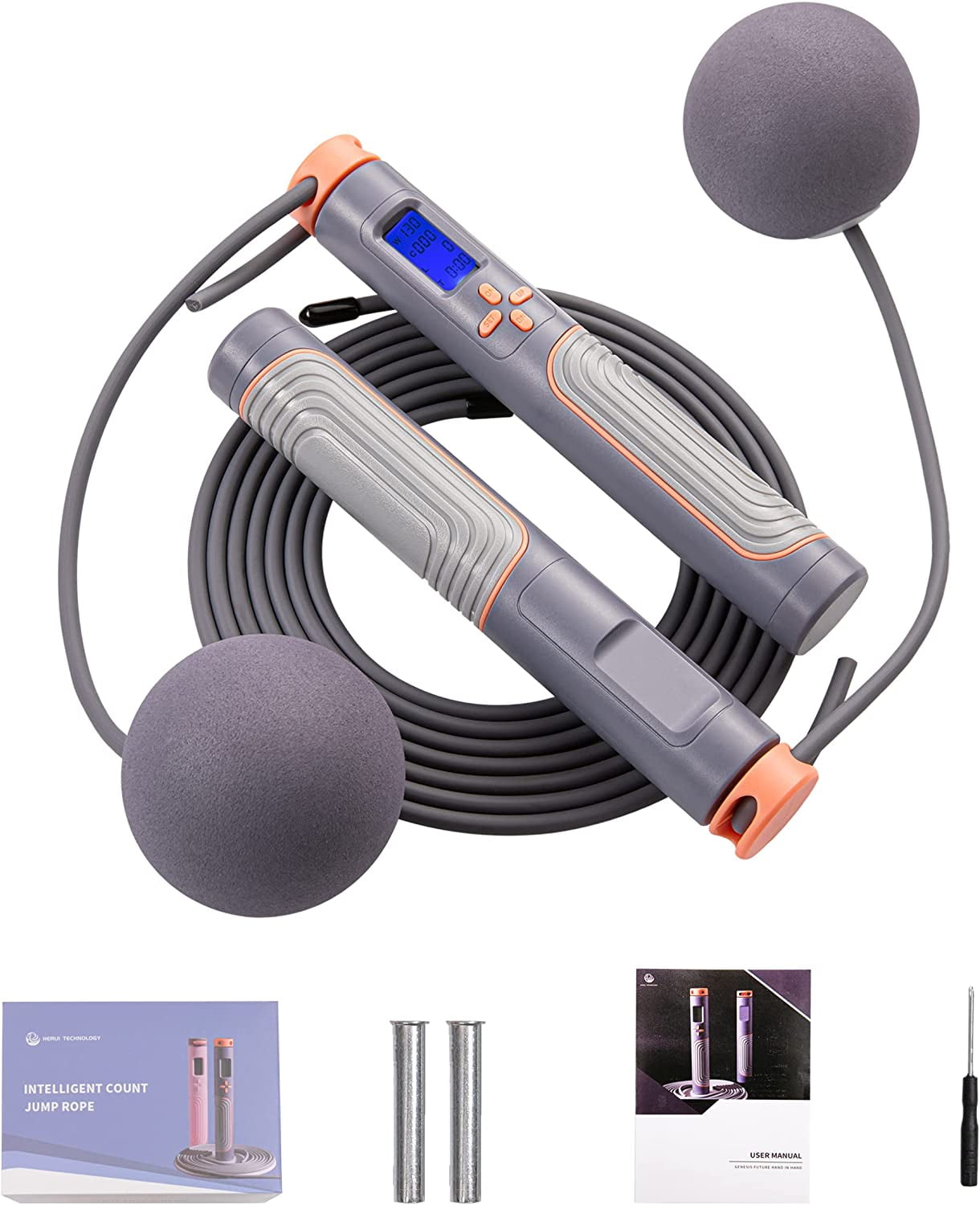 Herui Jump Rope Adjustable Digital Counting Jump Rope with Exercise Cordless Ball and Weighted Handles Speed Tangle-Free Skipping Rope with Alarm Reminder Suitable for Indoor and Outdoor Workout