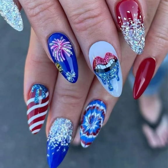 Herunwer 4th of July Press on Toenails Short Square Fake Toenails with Stars Designs Glossy Toe Nail Press ons Red Blue Acrylic Toenails Independence Day Glue on Toe Nails