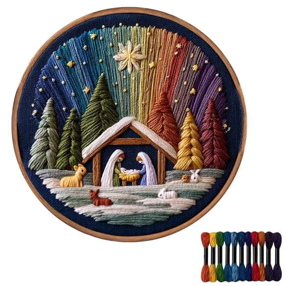 Herunwer DIY Nativity Scene Embroidery Kit, Christmas Stitching Craft Art with Hoop and Threads