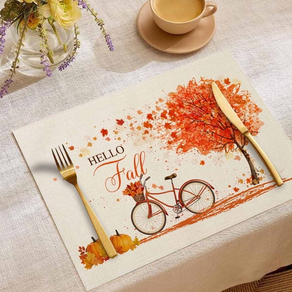 Herunwer Fall Placemats Thanksgiving Table Mats Farmhouse Rustic Fall Autumn Place Mats Washable Vinyl Rustic Holiday Table Decoration for Indoor Outdoor Party Kitchen Dining Table