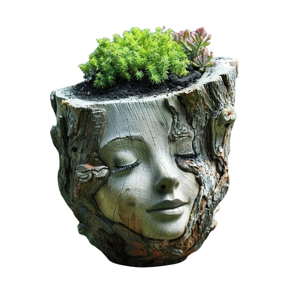 Herunwer Forest Woman Face Planter, Whimsical Tree Stump Flower Pot for Indoor Outdoor Home Decor