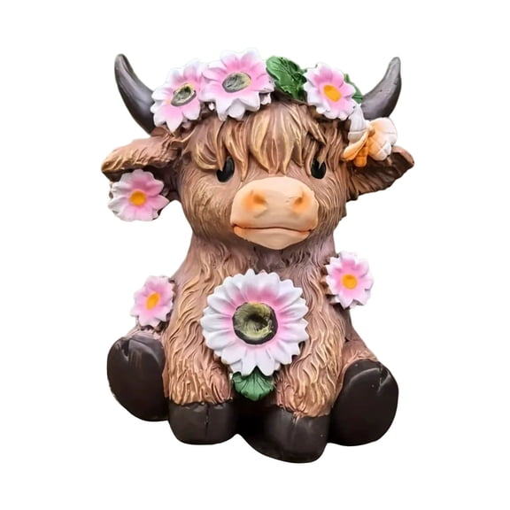 Herunwer Highland Cow Flower Pot Planter, Cute Resin Desktop Plant Pot with Artificial Flowers