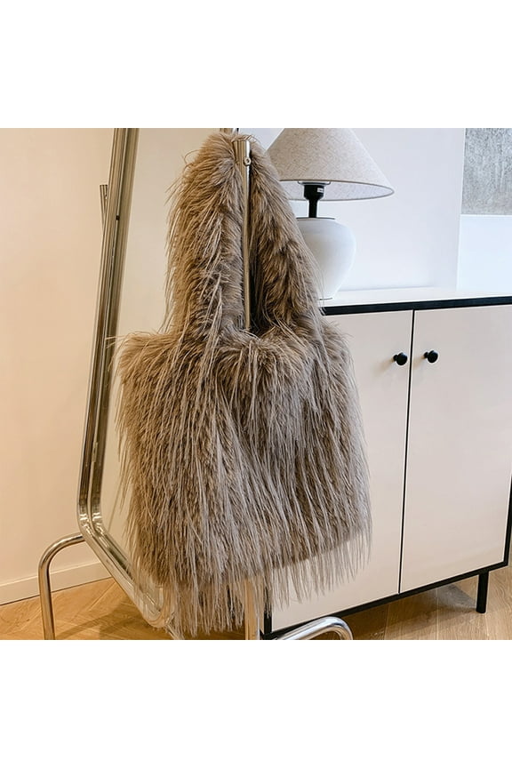 Herunwer Luxury Large Capacity Long Hair Faux Fur Lady Tote Handbags Winter Vintage Plush Shoulder Bag