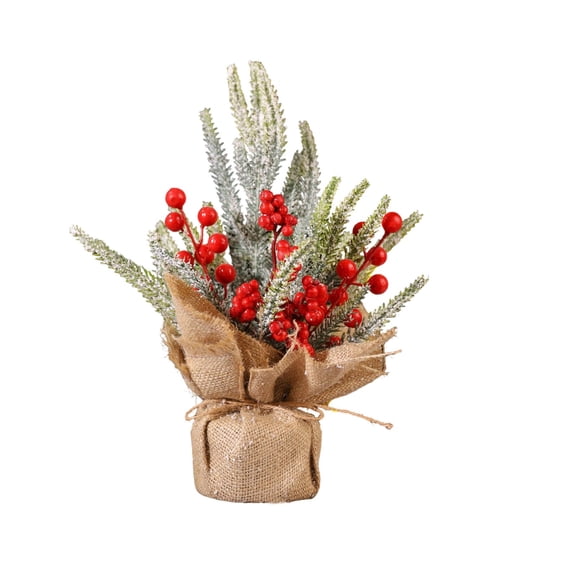 Herunwer Mini Artificial Christmas Tree Tabletop Decor with Red Berries, Pine Cones and Burlap Base