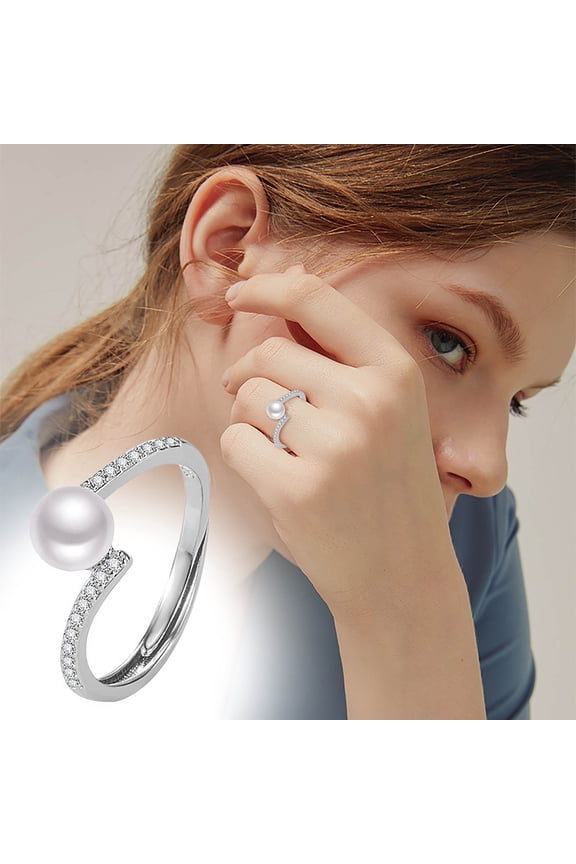 Herunwer Pearl Promise Ring for Women Cubic Zirconia Statement Expandable Adjustable Rings Pearl Ball Open Band Comfort Fit Valentine's Day Engagement Wedding Jewelry Unique Elegant Gifts for Mom