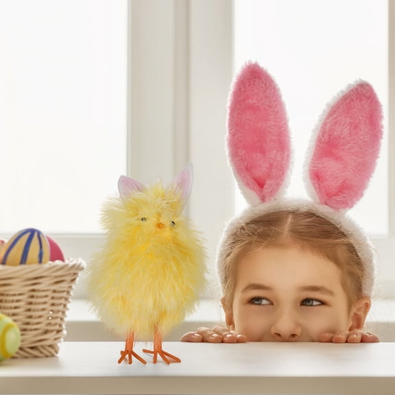Herunwer Simulation Fluffy Yellow Chick Decoration, Realistic Feathered Chicken Figurine for Home Easter Holiday