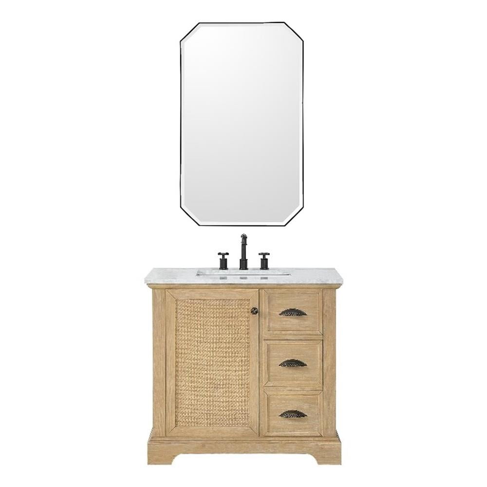 Hervas 36" Fir Wood Brown Vanity with White Marble Top and Mirror