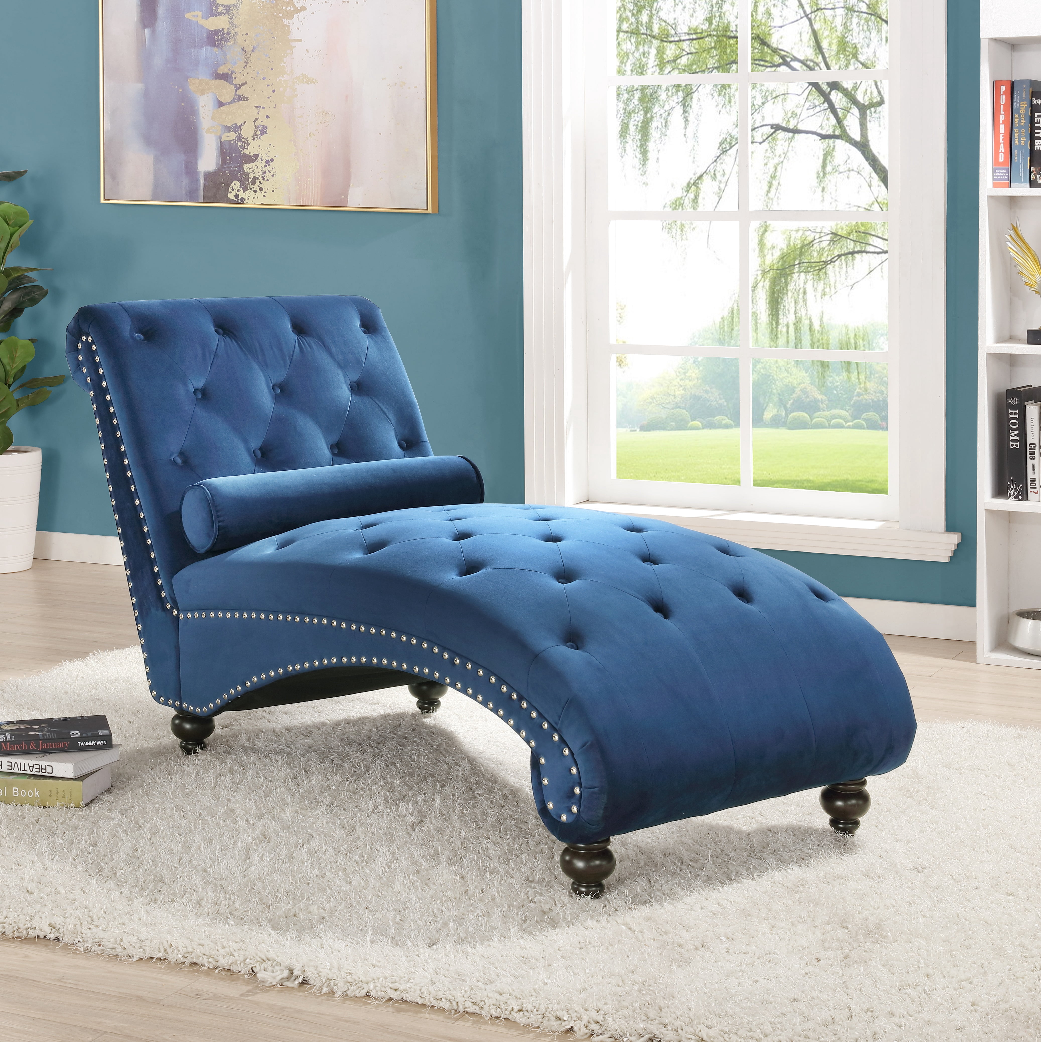 Hervey Tufted Velvet Chaise Lounge with Nailhead Trim, Blue
