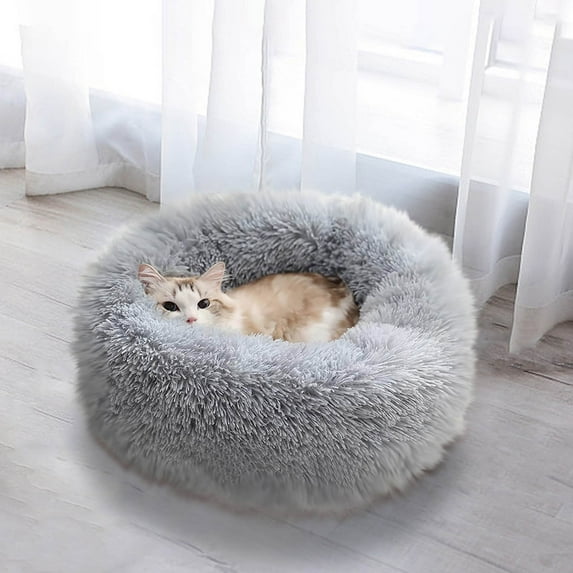 Hesai Cat Beds for Indoor Cats, 20 inches Cat Bed Machine Washable, Fluffy Round Pet Bed Non-Slip, Calming Soft Plush Donut Cuddler Cushion Self Warming for Small Dogs Kittens, Grey, Medium