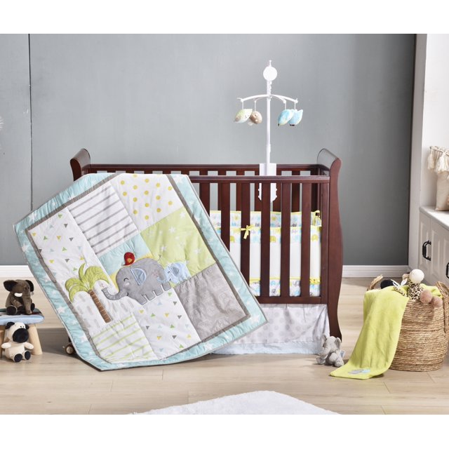 Heseam 4 Pieces Elephant Nursery Baby Crib Bedding, Grey/Green, Quilt