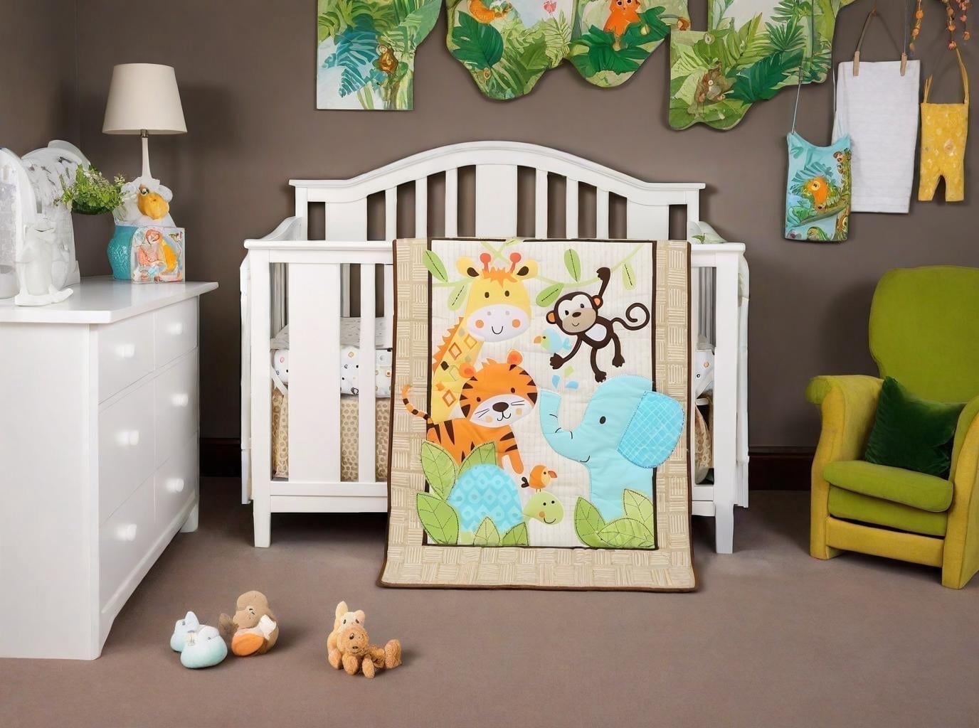 Green and Brown Safari Adventures 2-Piece Crib Bedding Set (Quilt and Crib Sheet, come with a dust ruffle as gift)
