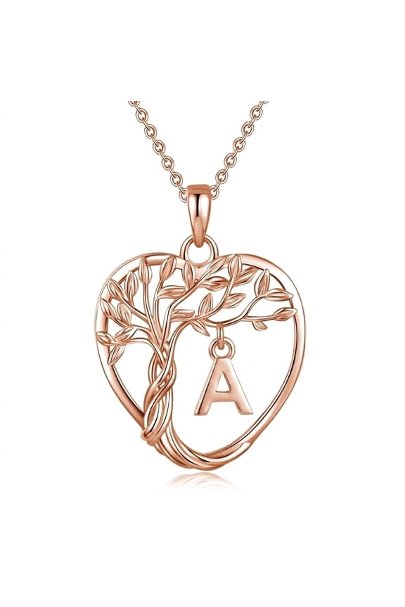 Rose Gold Heart Pendant Necklace Custom Initial Letter Tree Shaped Charm Pendant Jewelry for Women, Gift for Mom Daughter Wife