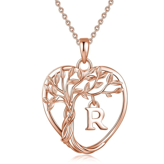Heshpaws Rose Gold Heart Tree of Life Necklace Custom Initial Letter Pendant Jewelry for Women, Gift for Mom Daughter Wife