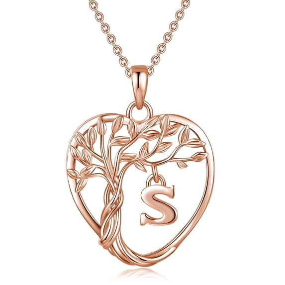 Heshpaws Rose Gold Heart Tree of Life Necklace Custom Initial Letter Pendant Jewelry for Women, Gift for Mom Daughter Wife