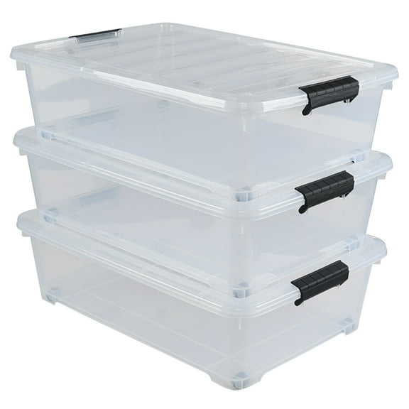 Hespama 25 Liter Clear Under Bed Storage Bin on Wheels, Plastic Lidded Organizer Bins, 3 Pack