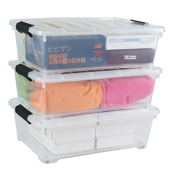 Hespama 3-Pack 20 L Plastic Underbed Storage Container with Wheels, Clear Latching Storage Boxes