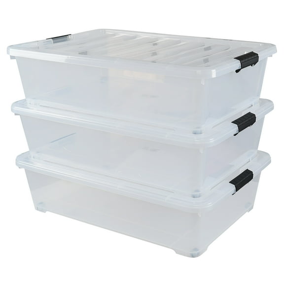 Hespama 3-Pack 50 L Plastic Under Bed Storage Boxes, Large Clear Underbed Storage Container with Wheels