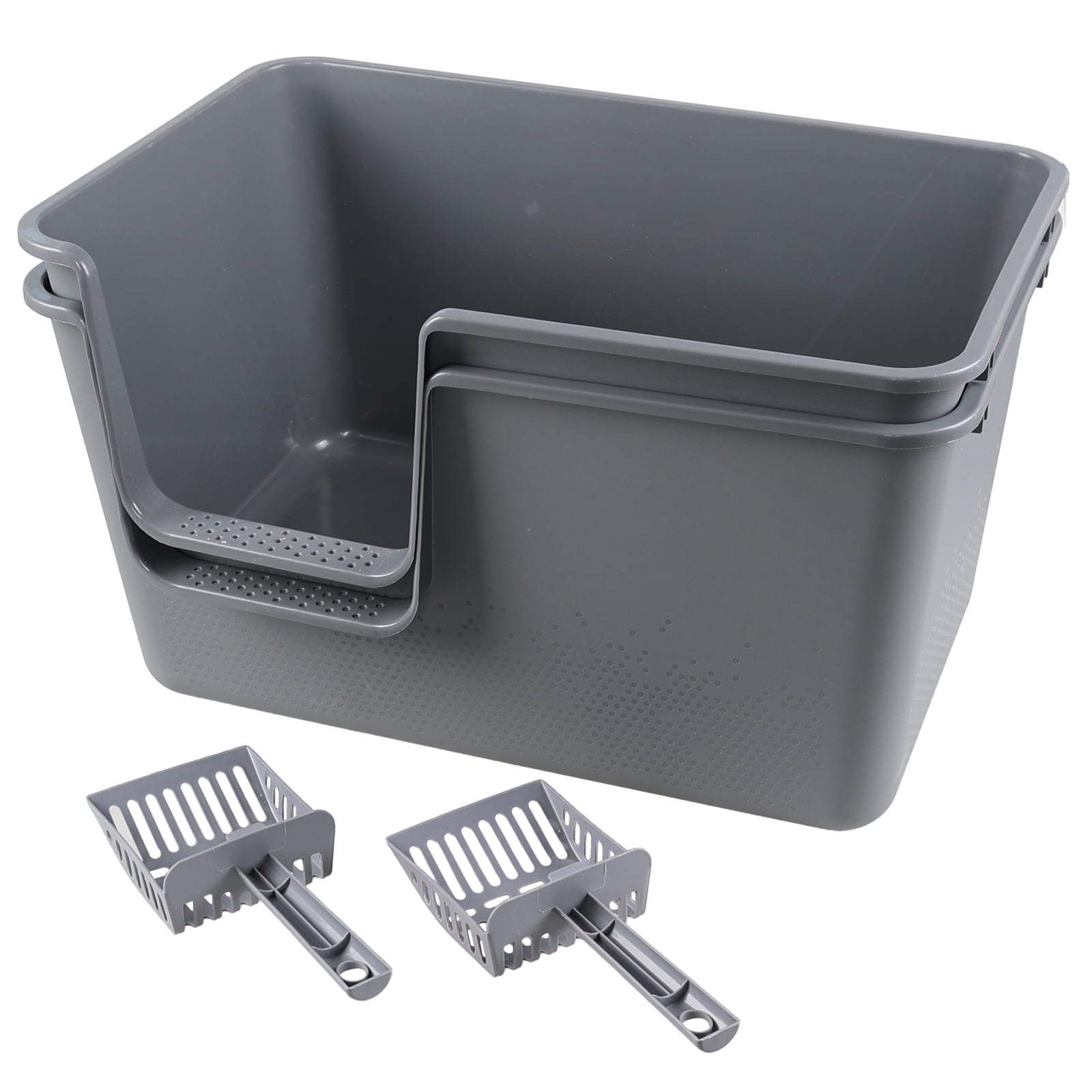 Hespama Plastic High Side Cat Litter Boxes with Scoopers, 2 Pack Large Gray Open Top Litter Trays