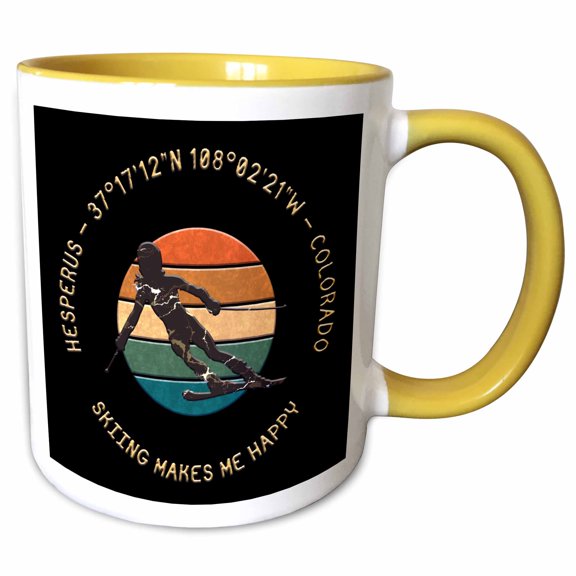 3drose, Hesperus, Colorado, Usa. Woman Skier, Yellow on Black Beautiful Gift, 15oz Two-tone Yellow Mug