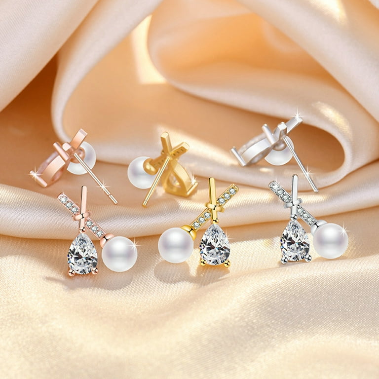 Hesroicy 1 Pair Ear Studs X Shaped Shining French Style Rhinestone Inlaid  High Gloss Decoration Irregular Faux Zircon Pearl Women Earrings for Party