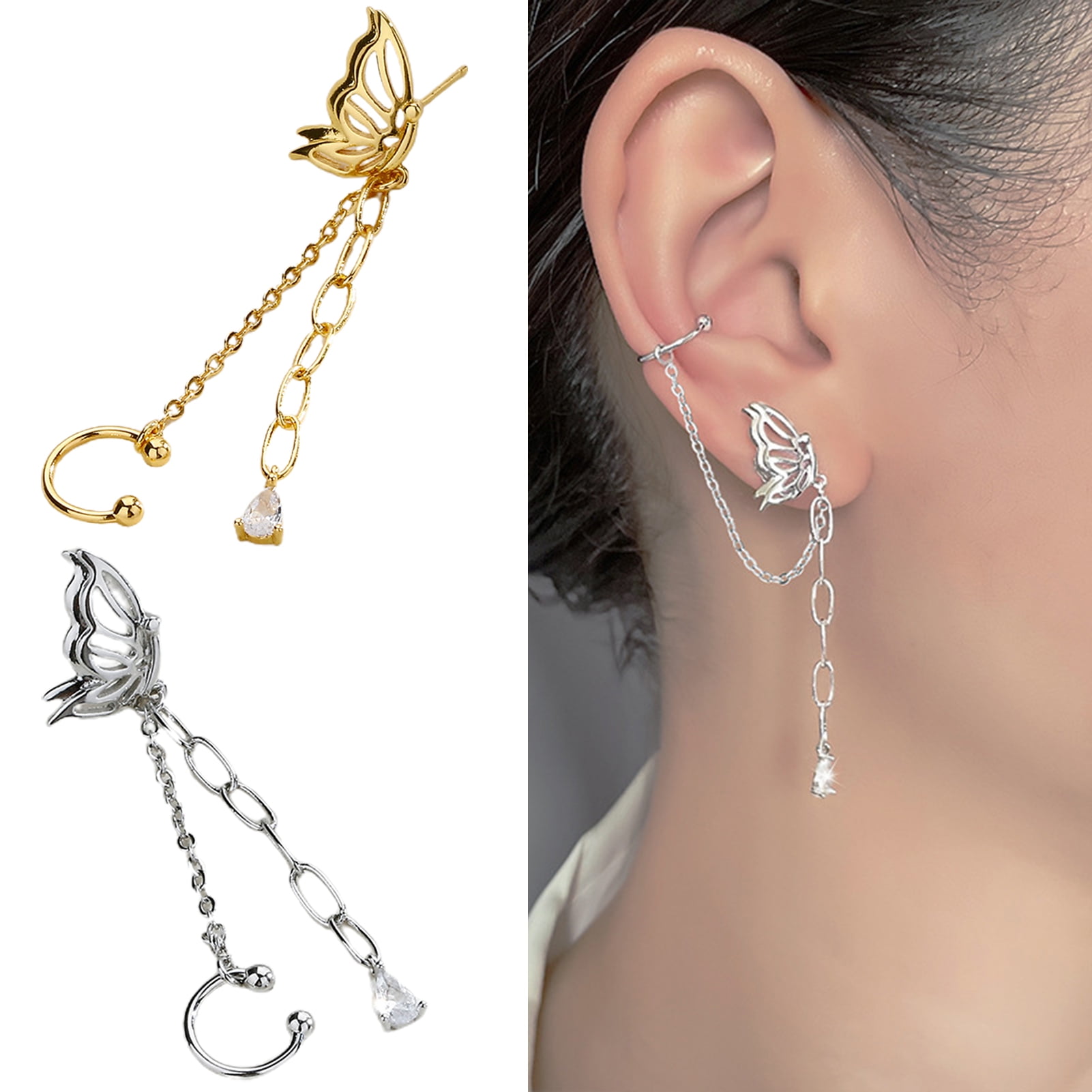 Dainty Ear Cuff Earrings With Dangling Chain and CZ Ear Clip 