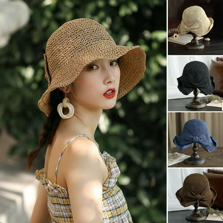Hesroicy Bowknot Decor Round Dome Foldable Sun Hat Women Wide Brim Floppy  Straw Hat Fashion Accessories
