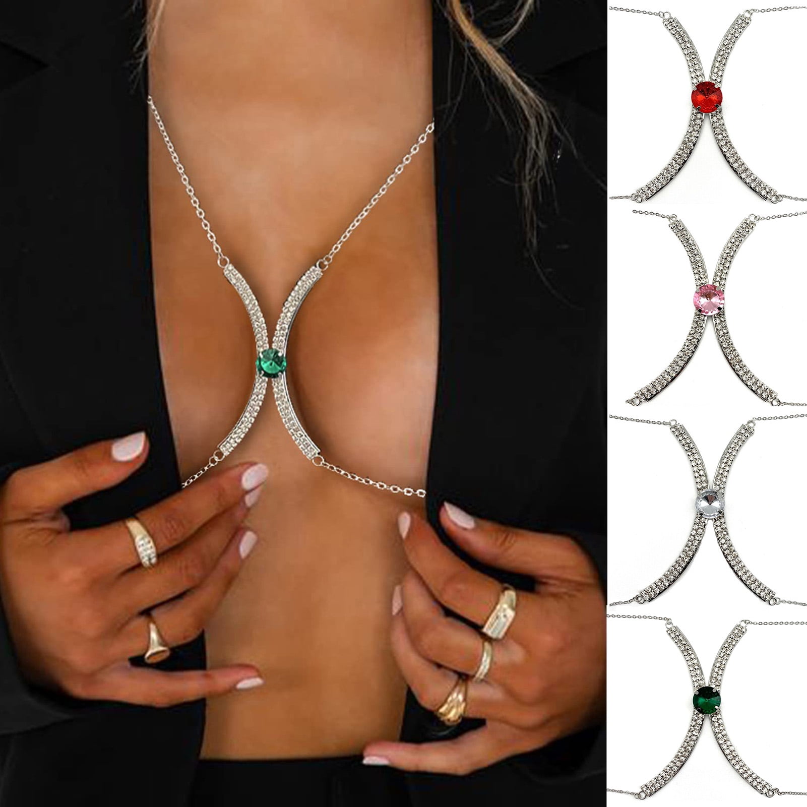 Hesroicy Bra Chain Sexy Adjustable Luxury Dainty Golden Fashion Jewelry  Rhinestone Inlaid Chest Body Chain Club Accessories 